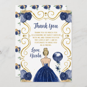 Sweet 16 Blonde Hair Princess Navy Thank You Card