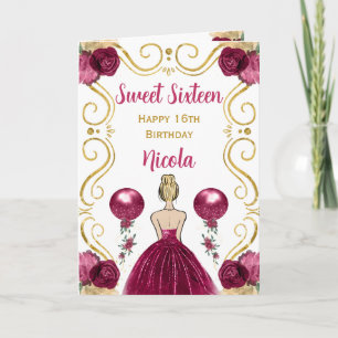 Sweet 16 Blonde Princess Burgundy Happy Birthday Card