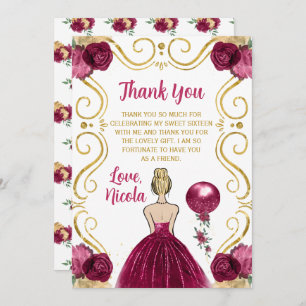 Sweet 16 Blonde Princess Burgundy Thank You Card