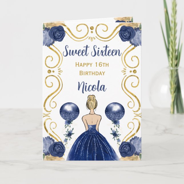 Sweet 16 Blonde Princess Navy Happy Birthday Card (Front)