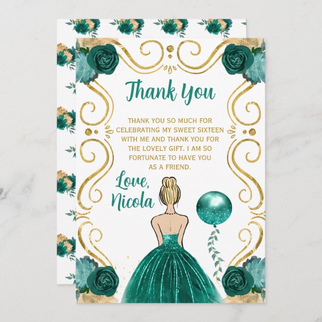 Sweet 16 Blonde Princess Teal  Thank You Card (Front/Back)