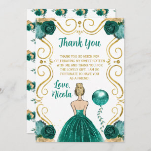Sweet 16 Blonde Princess Teal Thank You Card