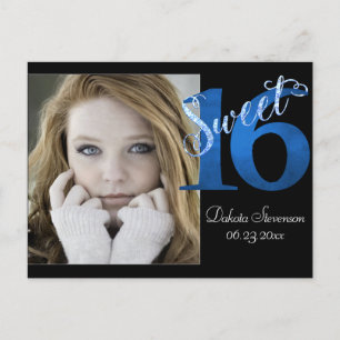 Sweet 16   Blue 16th Birthday Photo Keepsake Invitation Postcard