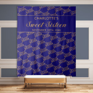 Sweet 16 Blue and Gold Birthday Party Backdrop Tapestry