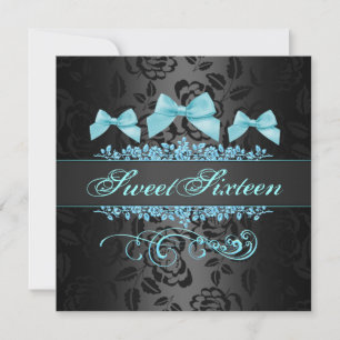 Sweet 16 Blue & Black Bow Birthday Invitation