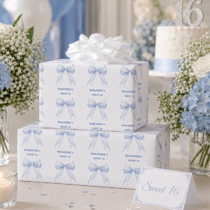 Sweet 16 blue bow pearls wrapping paper