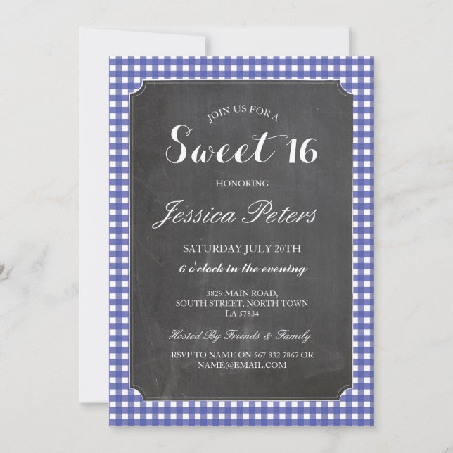 Sweet 16 Blue Check Lights Rustic Chalk Invitation (Front)