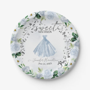 Sweet 16 Blue Floral Pink Dress Paper Plate