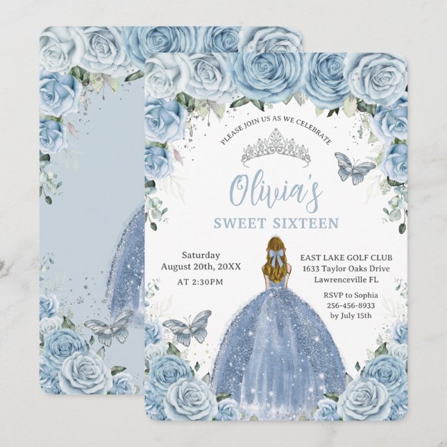 Sweet 16 Blue Floral Silver Butterflies Blonde Invitation (Front/Back)