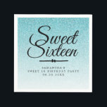 Sweet 16 Blue Glitter Ombre Custom 16th Birthday Napkin<br><div class="desc">A modern, sparkly Sweet 16 birthday party napkin features a turquoise blue glitter ombre pattern and the text "Sweet Sixteen" in black handwritten chic script calligraphy. Simply customise the sweet sixteen napkin with your name. Perfect for a glamourous Sweet sixteen, perfect for her, the fashionista who loves modern pattern, sparkle,...</div>