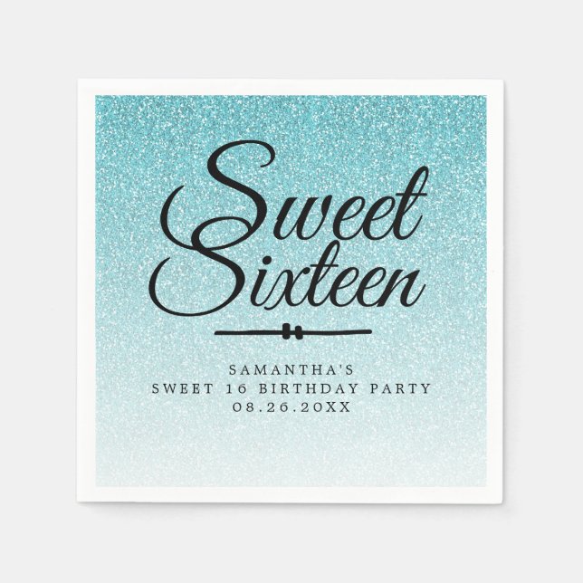 Sweet 16 Blue Glitter Ombre Custom 16th Birthday Napkin (Front)
