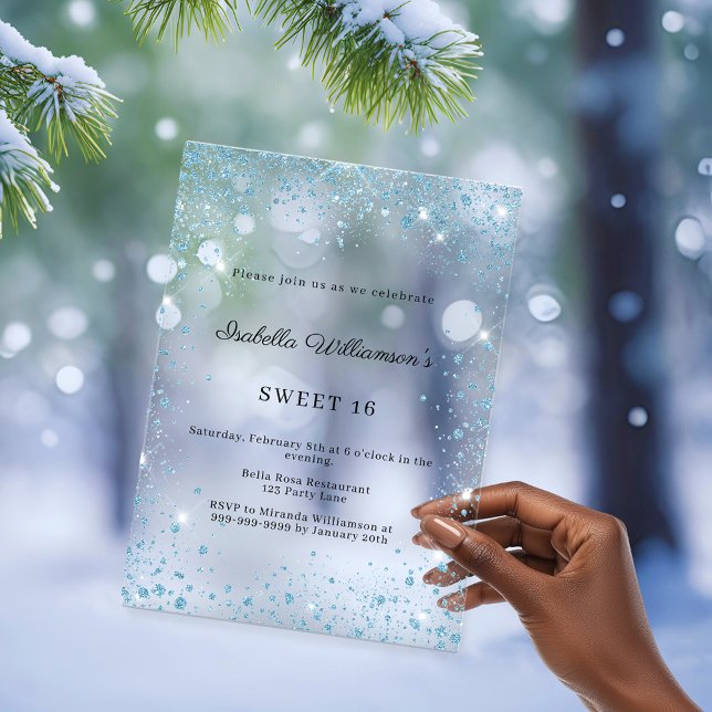 Sweet 16 blue glitter winter party frosted acrylic invitations (Creator Uploaded)