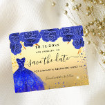 Sweet 16 blue gold dress budget save the date<br><div class="desc">A girly and trendy Save the Date for a Sweet 16, 16th birthday party. A faux gold background decorated blue roses, golden and blue coloured faux glitter sparkles and a royal blue dress. Personalise and add a date and name/age. The text: Save the Date is written with a large trendy...</div>