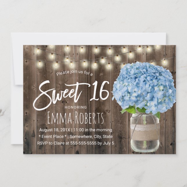 Sweet 16 Blue Hydrangea Floral Jar Rustic Wood Invitation (Front)