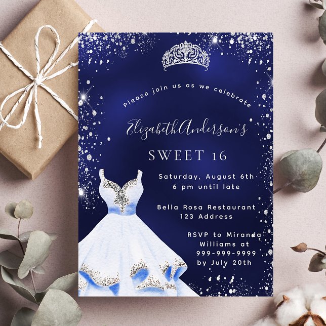 Sweet 16 blue silver glitter dress tiara glamourou invitation postcard (Creator Uploaded)