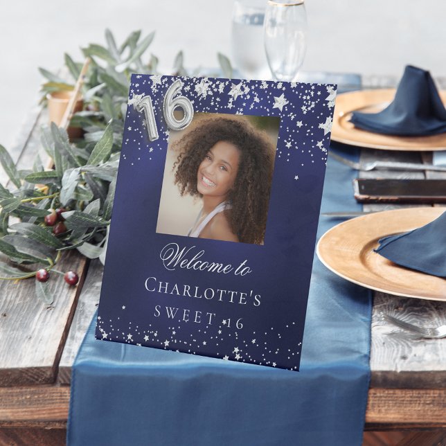 Sweet 16 blue silver stars photo party welcome pedestal sign (Creator Uploaded)