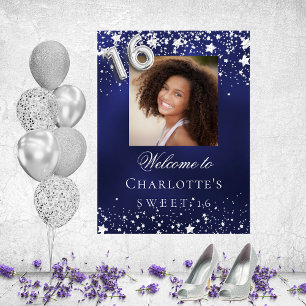 Sweet 16 blue silver stars photo welcome poster