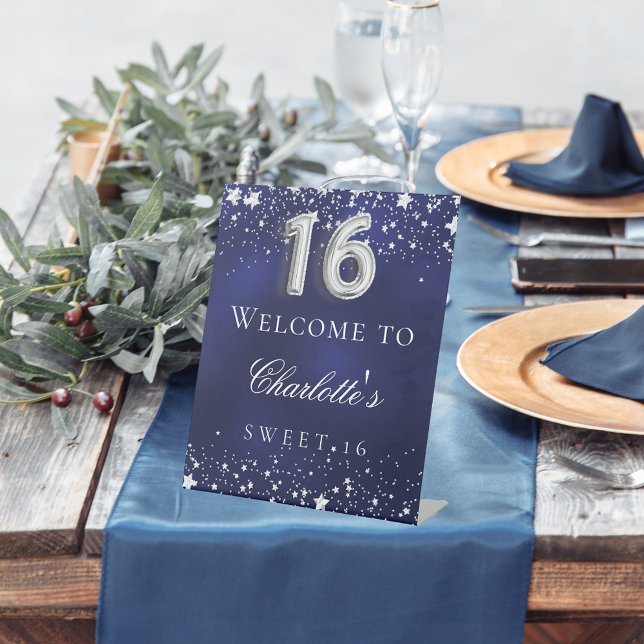 Sweet 16 blue silver stars welcome party pedestal sign (Creator Uploaded)
