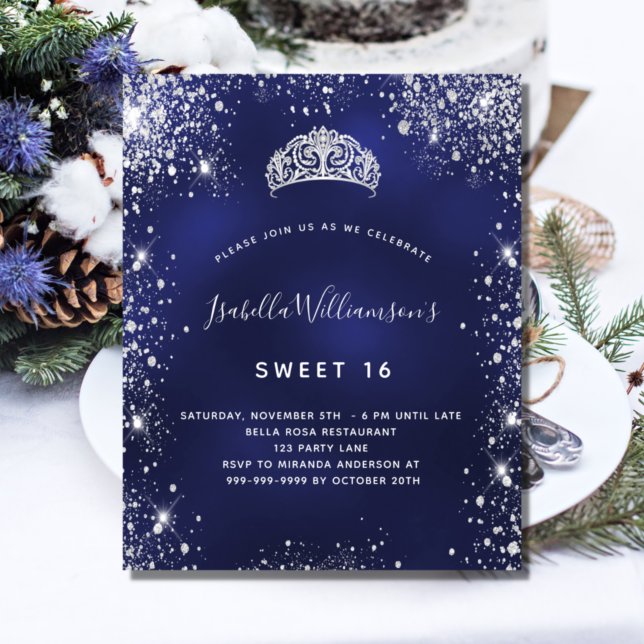 Sweet 16 blue silver tiara budget invitation flyer (Creator Uploaded)