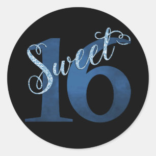 Sweet 16 Blue Watercolor and Faux Glitter Party Classic Round Sticker