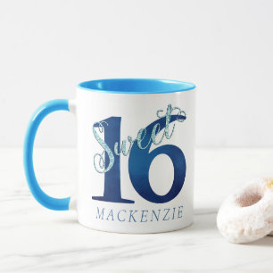 Sweet 16 Blue Watercolor and Faux Glitter Party Mug