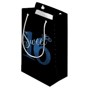 Sweet 16   Blue Watercolor and Faux Glitter Party Small Gift Bag