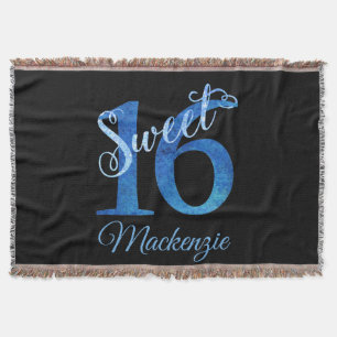 Sweet 16   Blue Watercolor and Faux Glitter Party Throw Blanket
