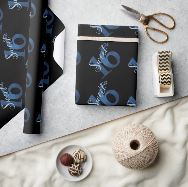 Sweet 16 | Blue Watercolor and Faux Glitter Party Wrapping Paper (Crafts)