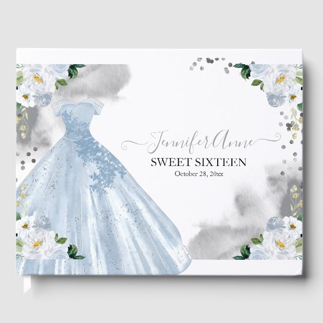 Sweet 16 Blue Watercolor Flowers Dress Guest Book (Front)