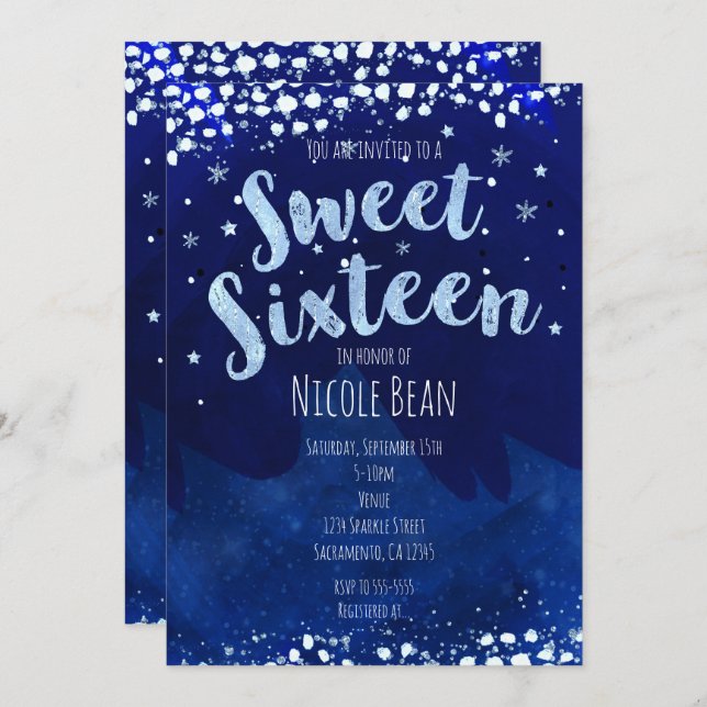 Sweet 16 Blue Winter Wonderland Starry Invitations (Front/Back)