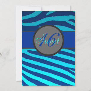 Sweet 16 blue zebra stripes birthday invitations