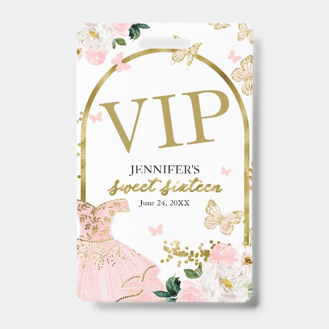Sweet 16 Blush Floral Birthday 16 Birthday VIP ID Badge (Front)