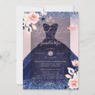 Sweet 16 Blush Floral Navy Blue Glitter Gown Invitation