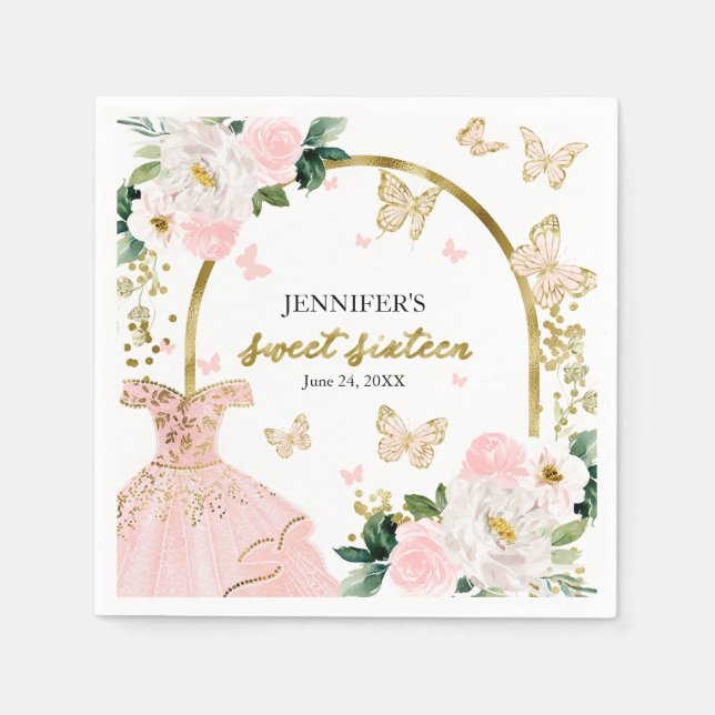 Sweet 16 Blush Floral Pink Dress Butterfly Napkin (Front)