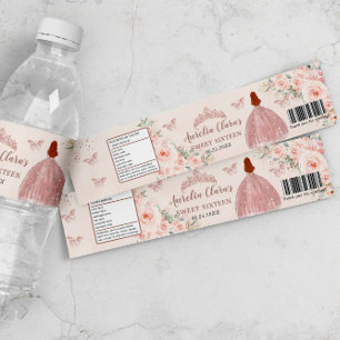 Sweet 16 Blush Floral Rose Gold Red Hair Princess Water Bottle Label