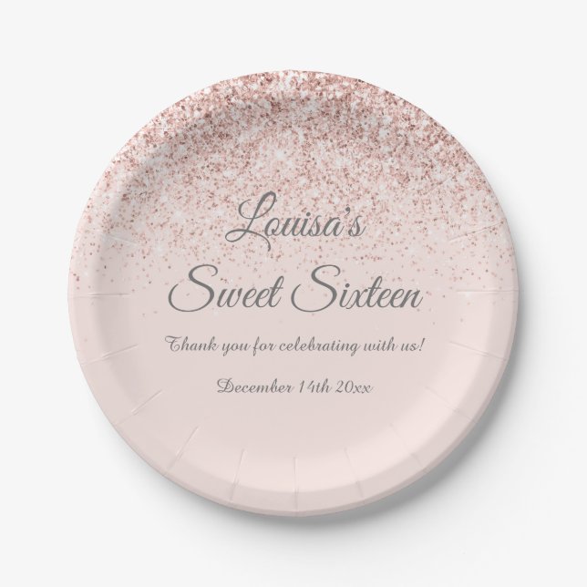 Sweet 16 Blush Glitter Paper Birthday Party Plates (Front)