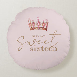 Sweet 16 Blush Pink and Gold Birthday Round Cushion