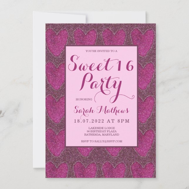 Sweet 16 Blush Pink and Magenta glitter Invitation (Front)