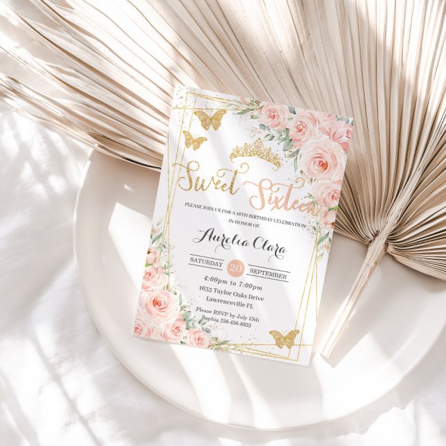 Sweet 16 Blush Pink Floral Champange Butterflies Invitation (Creator Uploaded)