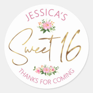 Sweet 16 Blush Pink Floral Watercolor Gold Script Classic Round Sticker