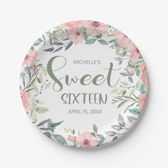 Sweet 16 Blush Pink Flowers Sage Green Leaves Paper Plate (Front)