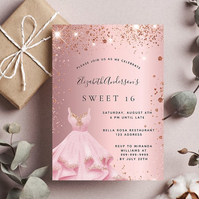 Sweet 16 blush pink glitter dress luxury invitation (Creator Uploaded)