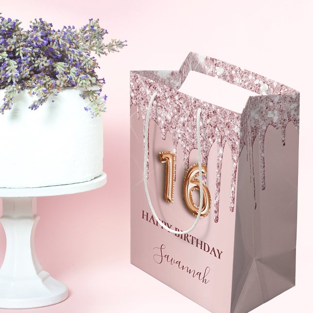 Sweet 16 blush pink glitter drips monogram 16th medium gift bag (Creator Uploaded)