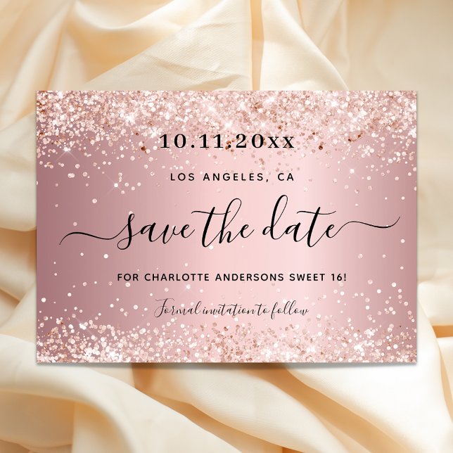 Sweet 16 blush pink glitter party save the date announcement postcard (Creator Uploaded)