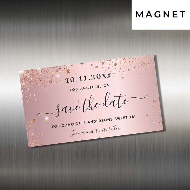 Sweet 16 blush pink glitter save the date magnet (Creator Uploaded)