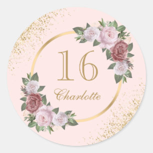 Sweet 16 Blush Pink Gold Floral Birthday Classic Round Sticker