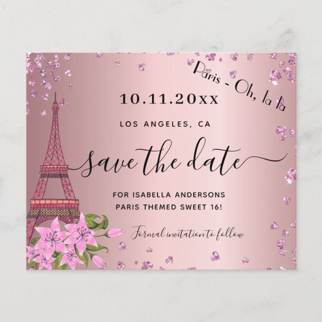 Sweet 16 blush pink paris budget save the date flyer (Front)