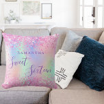 Sweet 16 blush pink purple holographic cushion<br><div class="desc">A trendy rainbow coloured background with unicorn and rainbow pastel colours in blush pink,  purple,   mint green. Decorated with confetti. Personalise and add a name,  written with a modern hand lettered style script.  Purple coloured letters.</div>