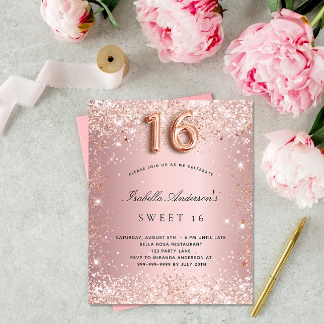 Sweet 16 blush pink rose glitter budget invitation flyer (Creator Uploaded)