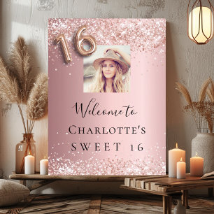 Sweet 16 blush pink rose glitter photo welcome poster